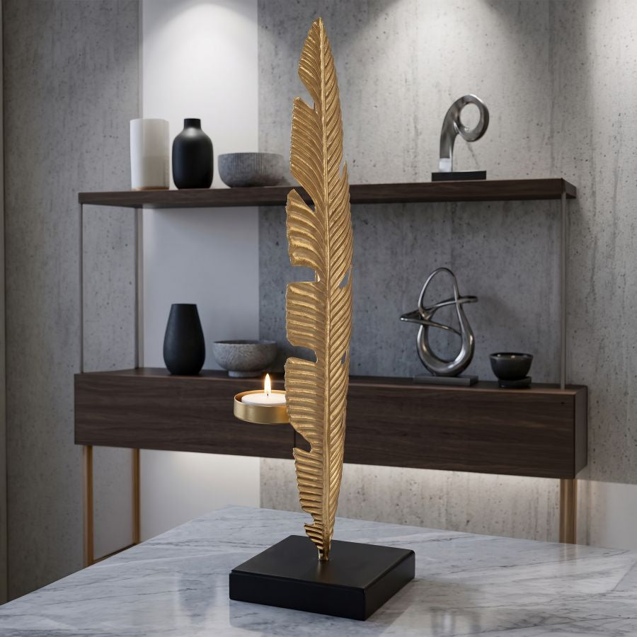 Mauro Ferretti Scultura Foglia con Porta Candela Glam 10 x 10 x 34 cm