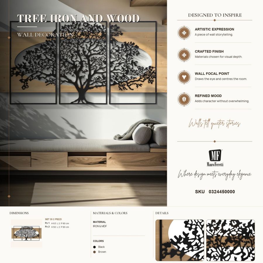 Pannello da muro tree ferro e wood set 3pz cm 176x2x90 (63x2x90-50x2x90)