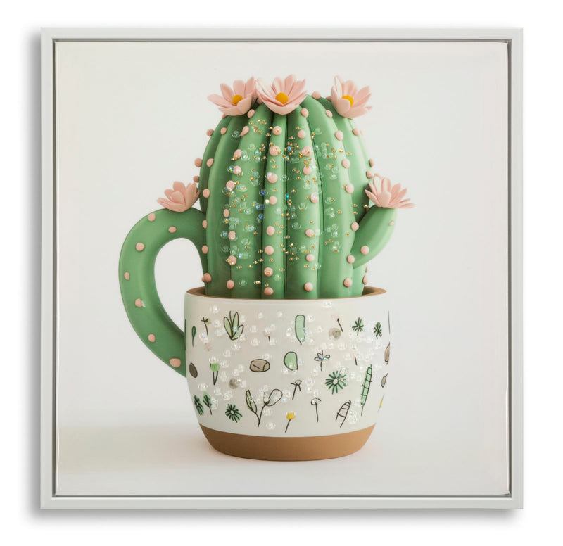Stampa su tela laccata c/cornice vasetto cactus -b- cm 40x2,8x40