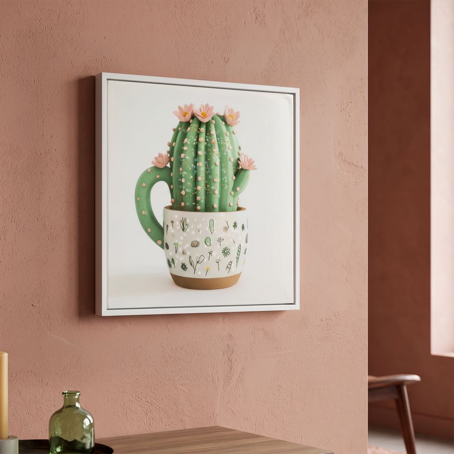 Stampa su tela laccata c/cornice vasetto cactus -b- cm 40x2,8x40