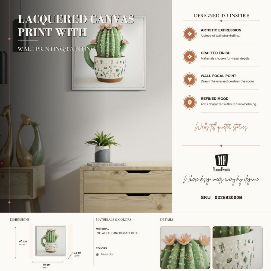 Stampa su tela laccata c/cornice vasetto cactus -b- cm 40x2,8x40