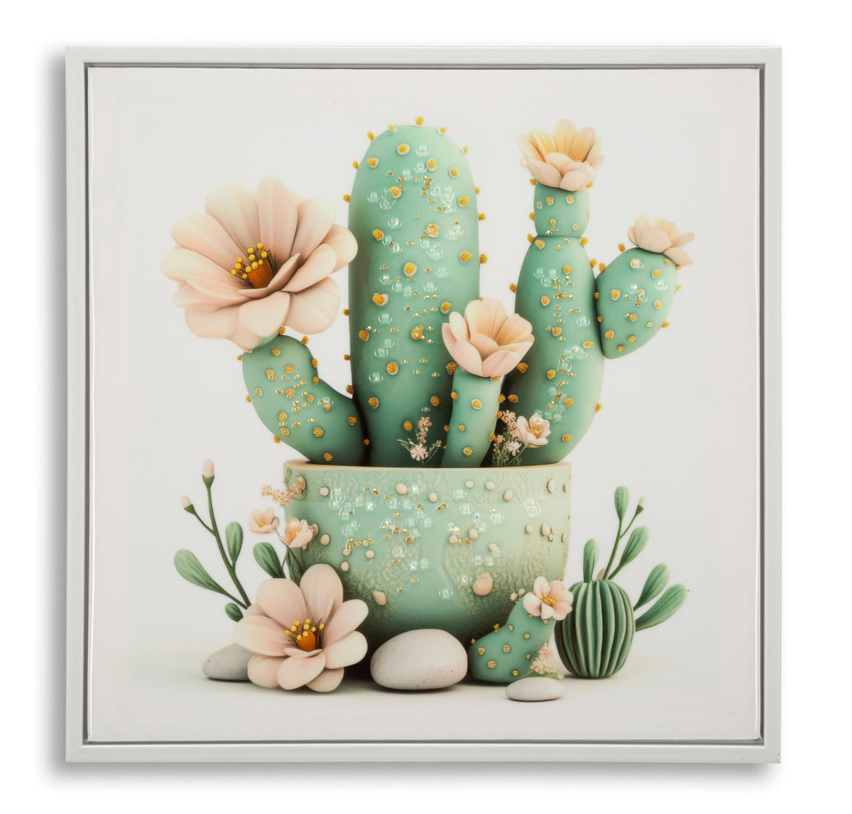 Stampa su tela laccata c/cornice vasetto cactus -d- cm 40x2,8x40