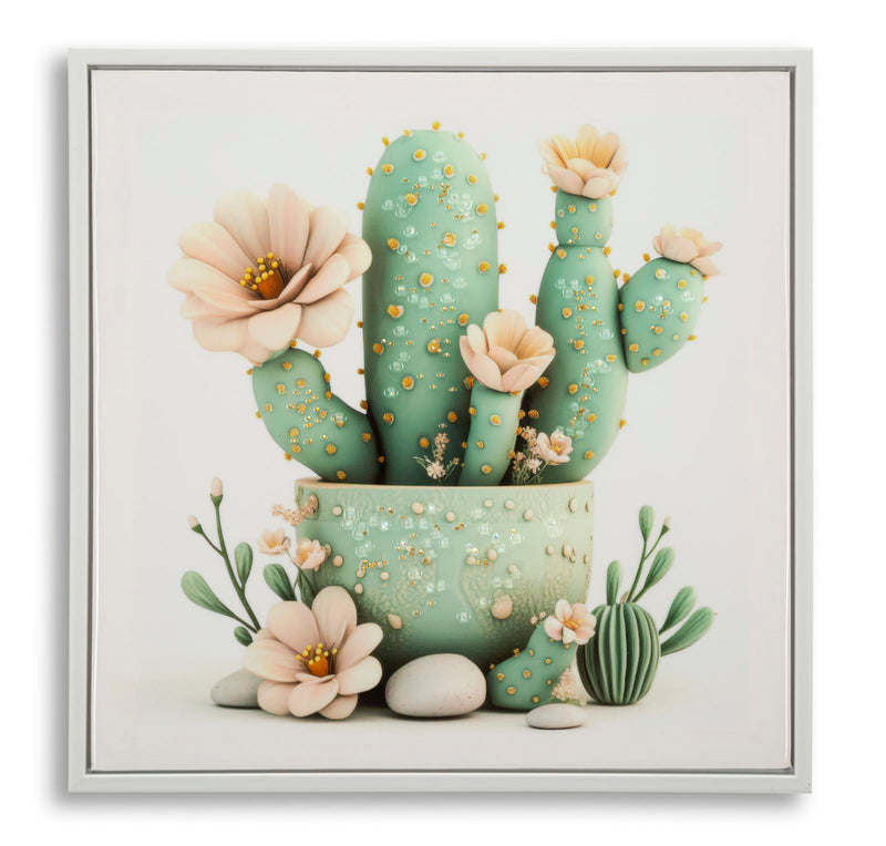 Stampa su tela laccata c/cornice vasetto cactus -d- cm 40x2,8x40