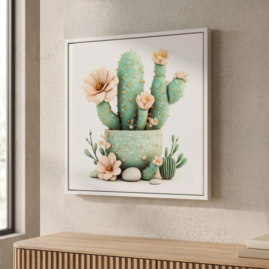 Stampa su tela laccata c/cornice vasetto cactus -d- cm 40x2,8x40