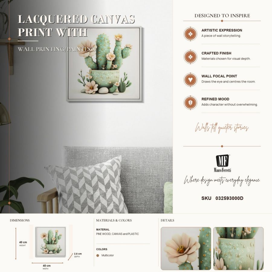 Stampa su tela laccata c/cornice vasetto cactus -d- cm 40x2,8x40