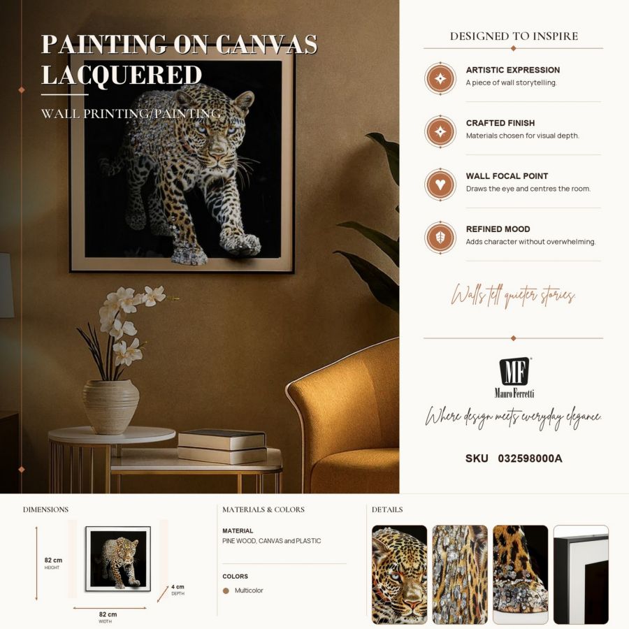 Dipinto su tela laccato giaguaro c/cornice -a- cm 82x4x82