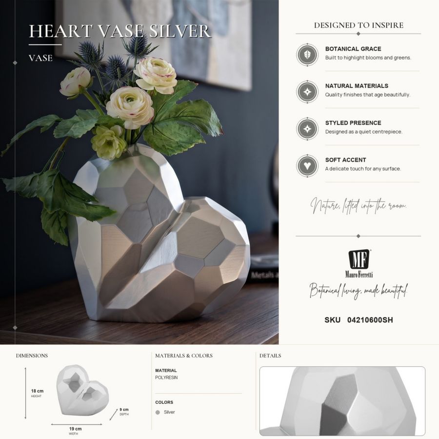 Vaso heart silver cm 19x9x18 min 2