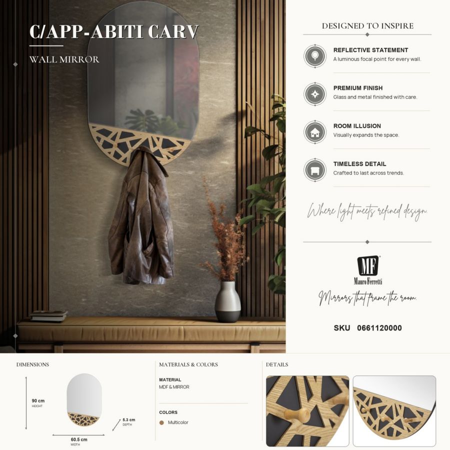 Specchio da muro c/app-abiti carv cm 60x5,3x90 (misura specchio cm 60x70)