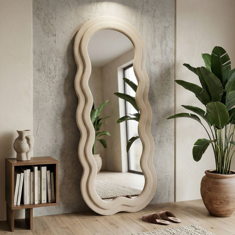 Mauro Ferretti Specchio da Muro Miki Velluto Crema 60 x 4 x 160 cm (misura Specchio 39 x 135)
