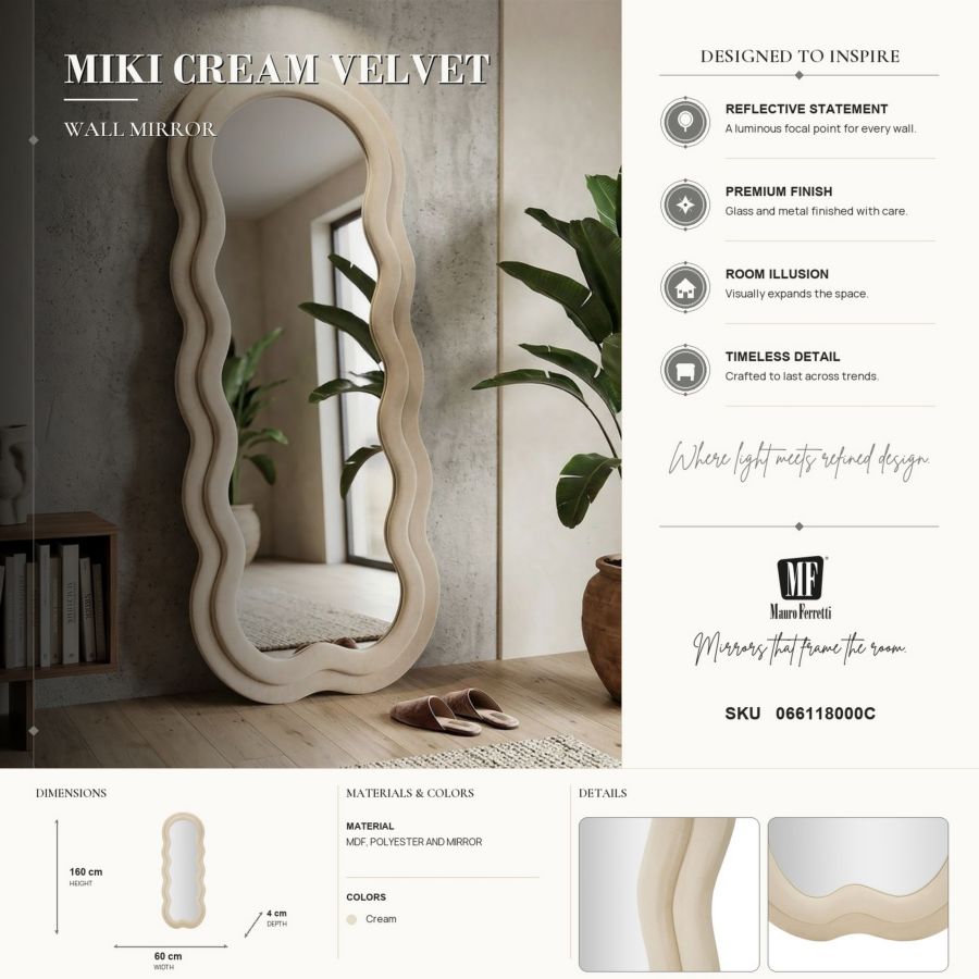 Mauro Ferretti Specchio da Muro Miki Velluto Crema 60 x 4 x 160 cm (misura Specchio 39 x 135)