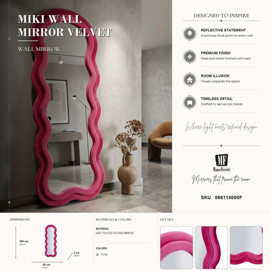 Specchio da muro miki velluto fuxia cm 60x4x160 (misura specchio cm 39x135)