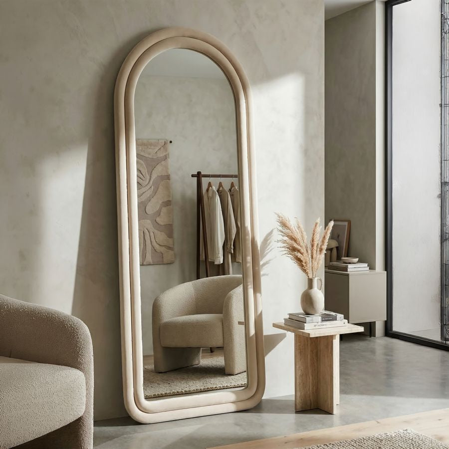 Mauro Ferretti Specchio da Muro Cloe Velluto Crema 60 x 4 x 160 cm (misura Specchio 45 x 145)