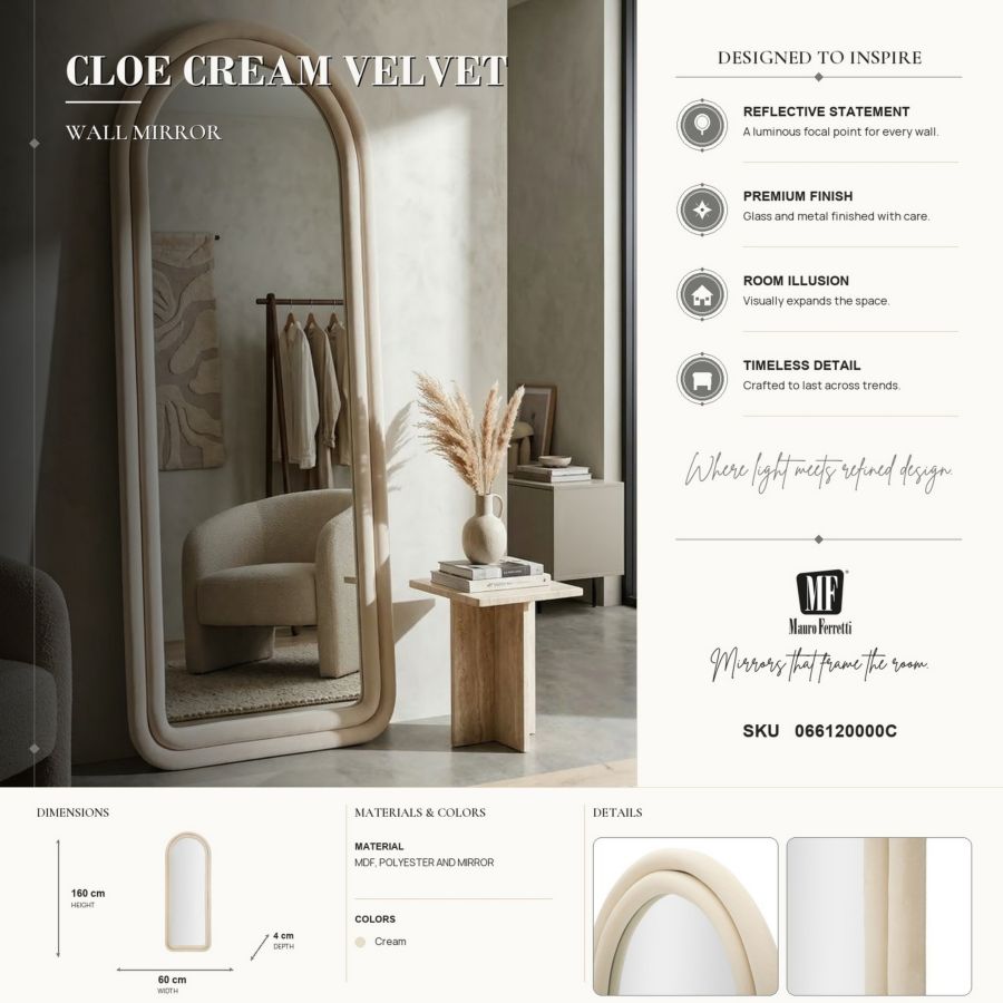 Mauro Ferretti Specchio da Muro Cloe Velluto Crema 60 x 4 x 160 cm (misura Specchio 45 x 145)