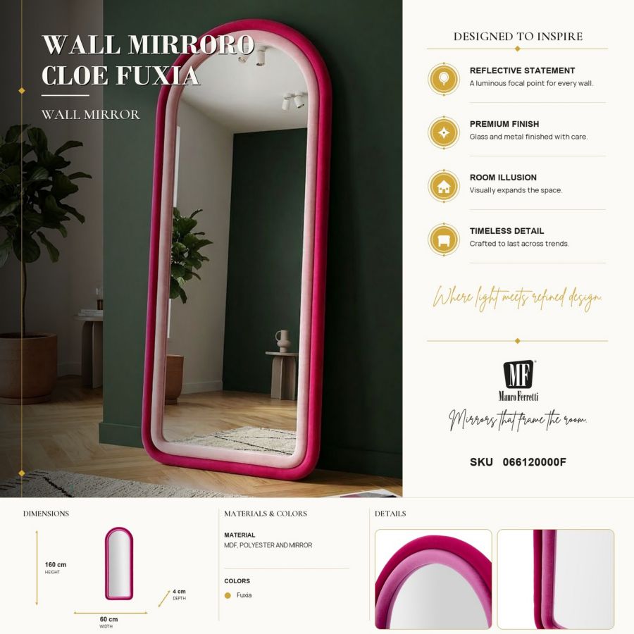Mauro Ferretti Specchio da Muro Cloe Velluto Fucsia 60 x 4 x 160 cm (misura Specchio 45 x 145)