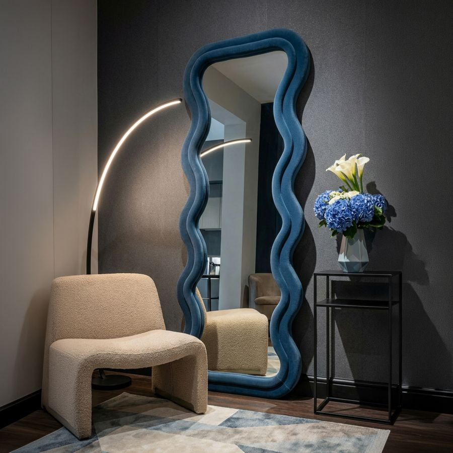 Mauro Ferretti Specchio da Muro Emily Velluto Blu 60 x 6 x 160 cm (misura Specchio 42 x 144)