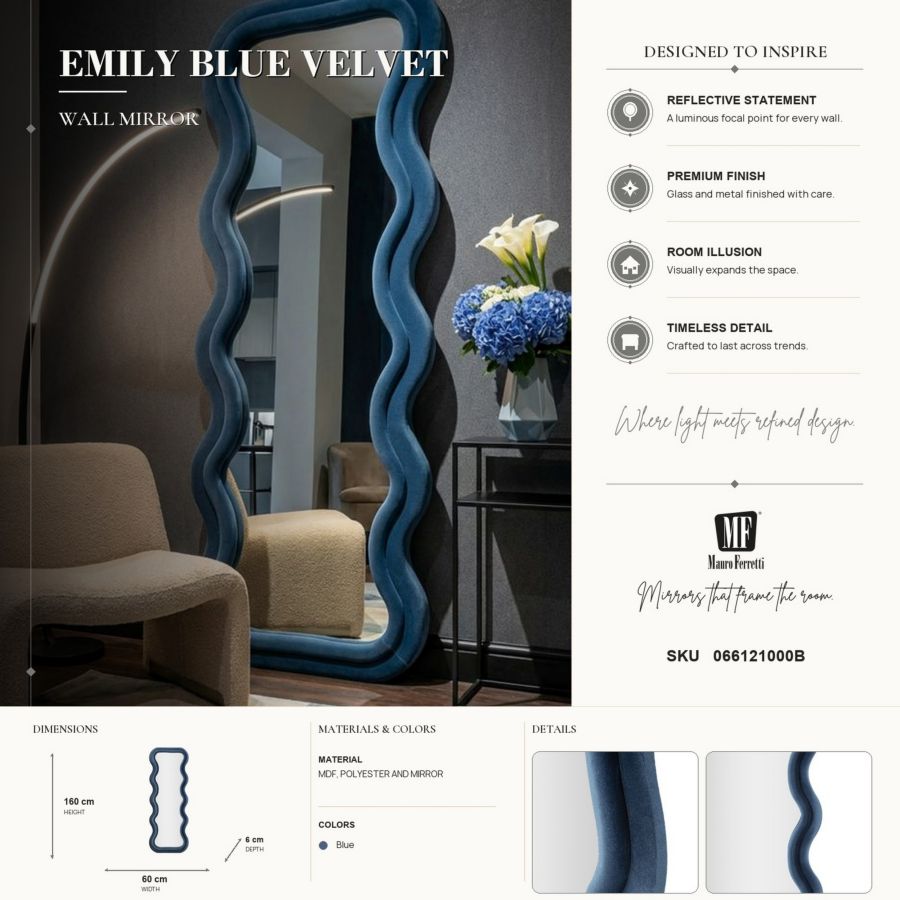 Mauro Ferretti Specchio da Muro Emily Velluto Blu 60 x 6 x 160 cm (misura Specchio 42 x 144)