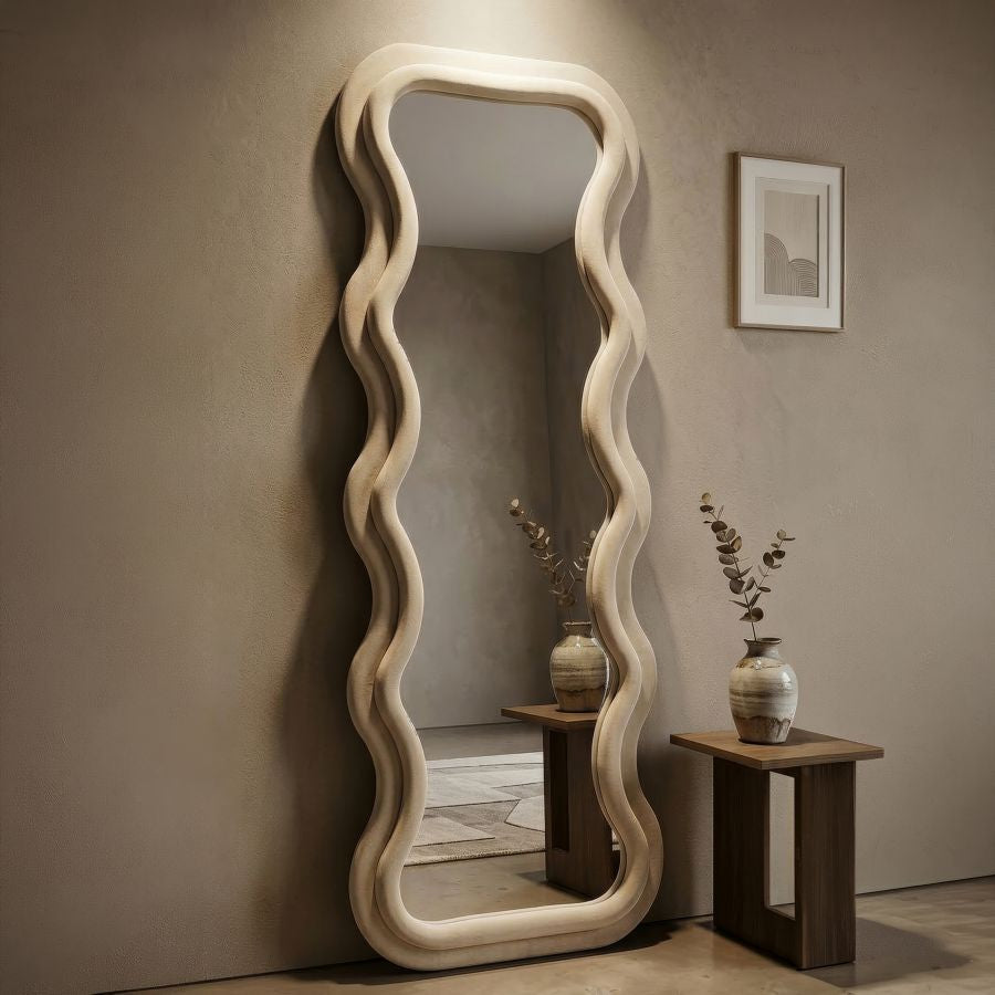 Mauro Ferretti Specchio da Muro Emily Velluto Crema 60 x 6 x 160 cm (misura Specchio 42 x 144)