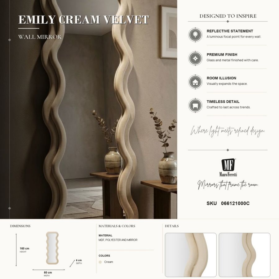 Mauro Ferretti Specchio da Muro Emily Velluto Crema 60 x 6 x 160 cm (misura Specchio 42 x 144)