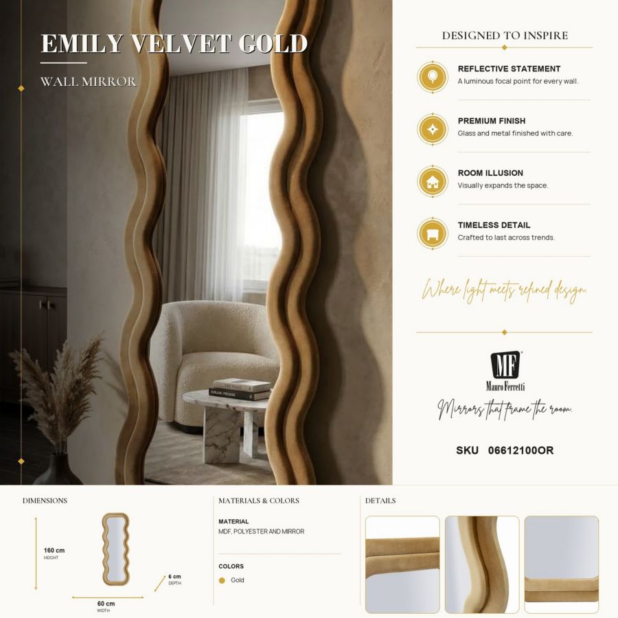 Specchio da muro emily velluto oro cm 60x6x160 (misura specchio cm 42x144)