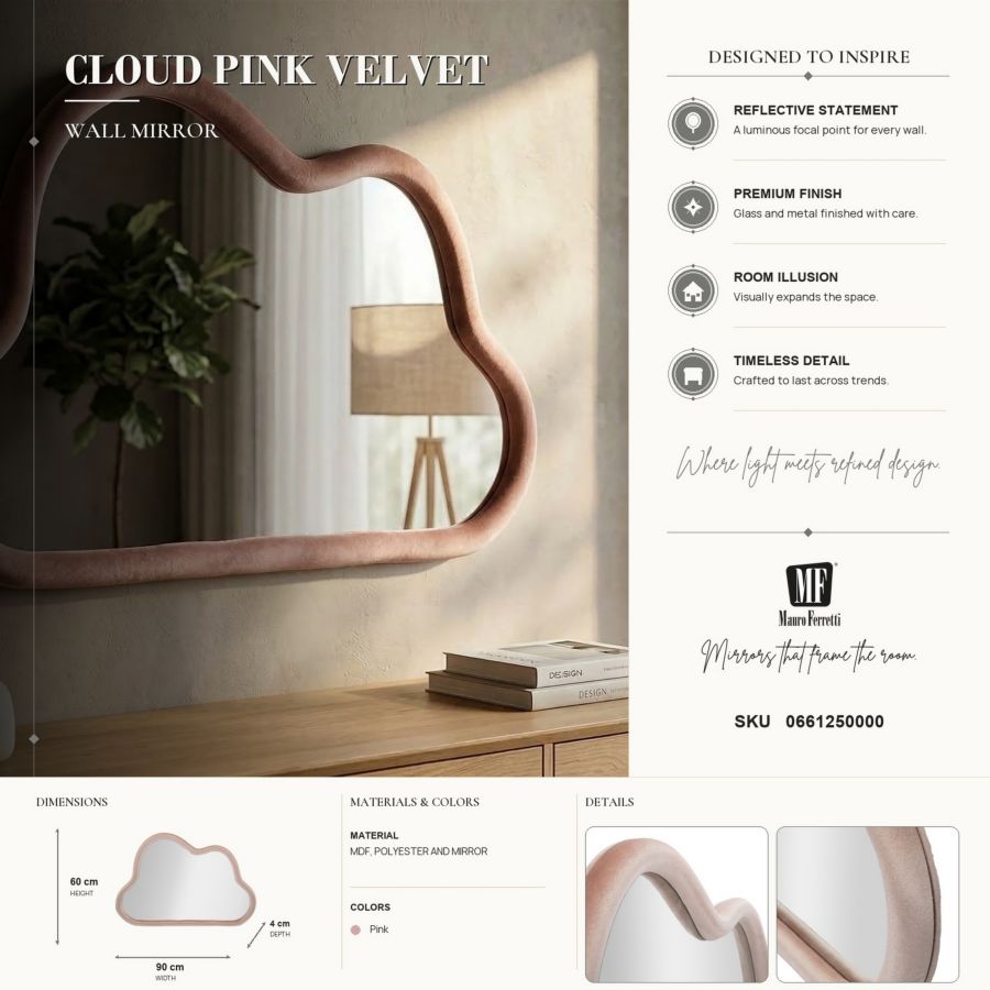 Mauro Ferretti Specchio da Muro Cloud Velluto Rosa 90 x 4 x 60 cm (misura Specchio 82 x 52)