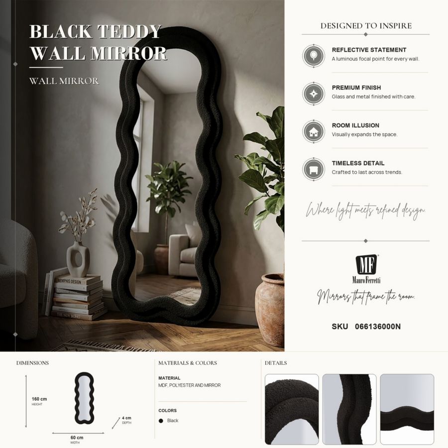 Specchio da muro teddy nero cm 60x4x160 (misura specchio cm 39x137)