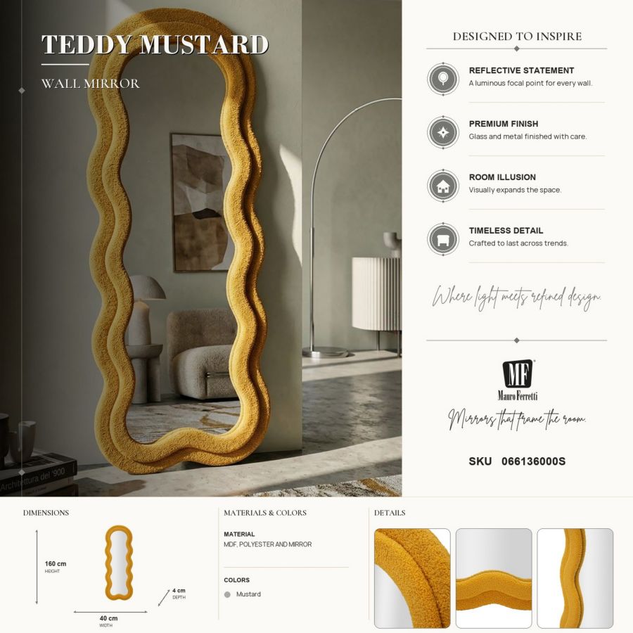 Specchio da muro teddy senape cm 60x4x160 (misura specchio cm 39x137)