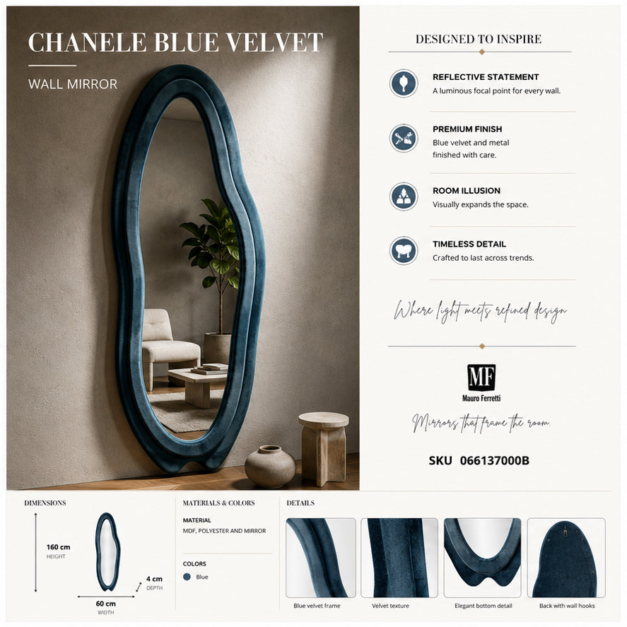 Specchio da muro chanele blu cm 60x4x160 (misura specchio cm 39x137)