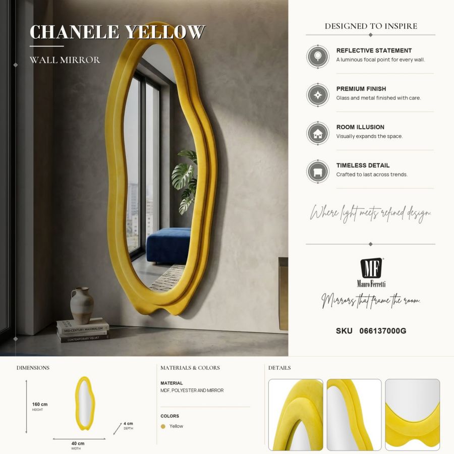 Specchio da muro chanele giallo cm 60x4x160 (misura specchio cm 38x137)