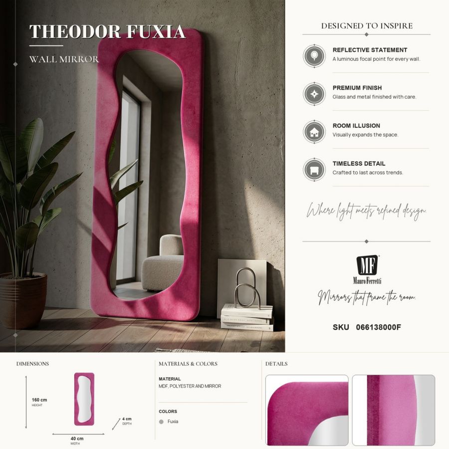 Specchio da muro theodor fuxia cm 60x4x160 (misura specchio cm 42x142)