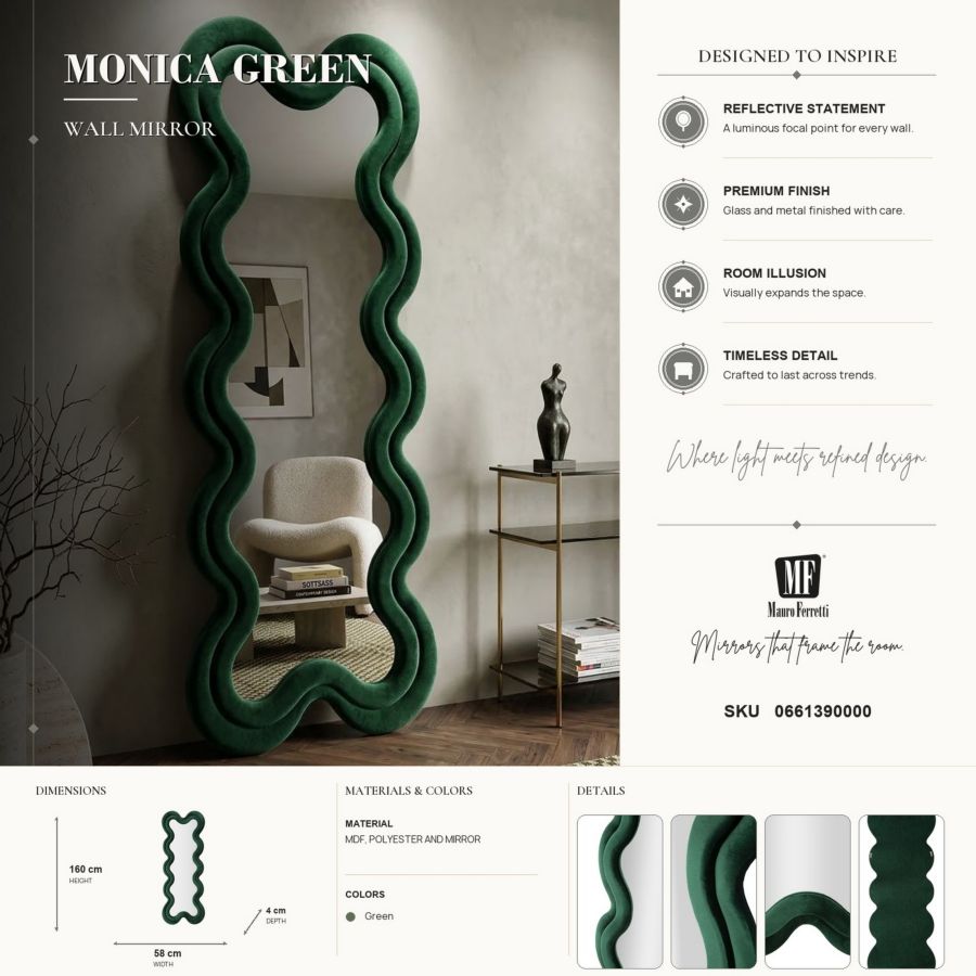 Specchio da muro monica verde cm 58x4x160 (misura specchio cm 39x124)