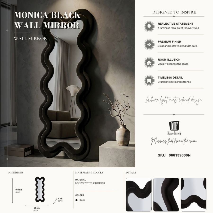 Specchio da muro monica nero cm 58x4x160 (misura specchio cm 39x124)
