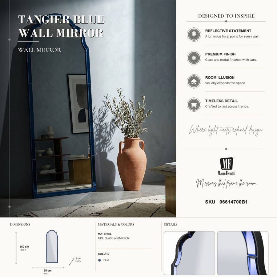Specchio da muro tangeri blu cm 55x2x150 (misura specchio cm 49x144)