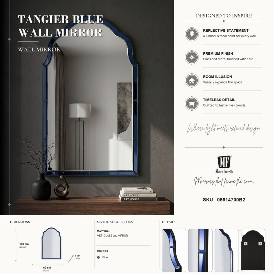 Specchio da muro tangeri blu cm 62x1x100 (misura specchio cm 55x94)