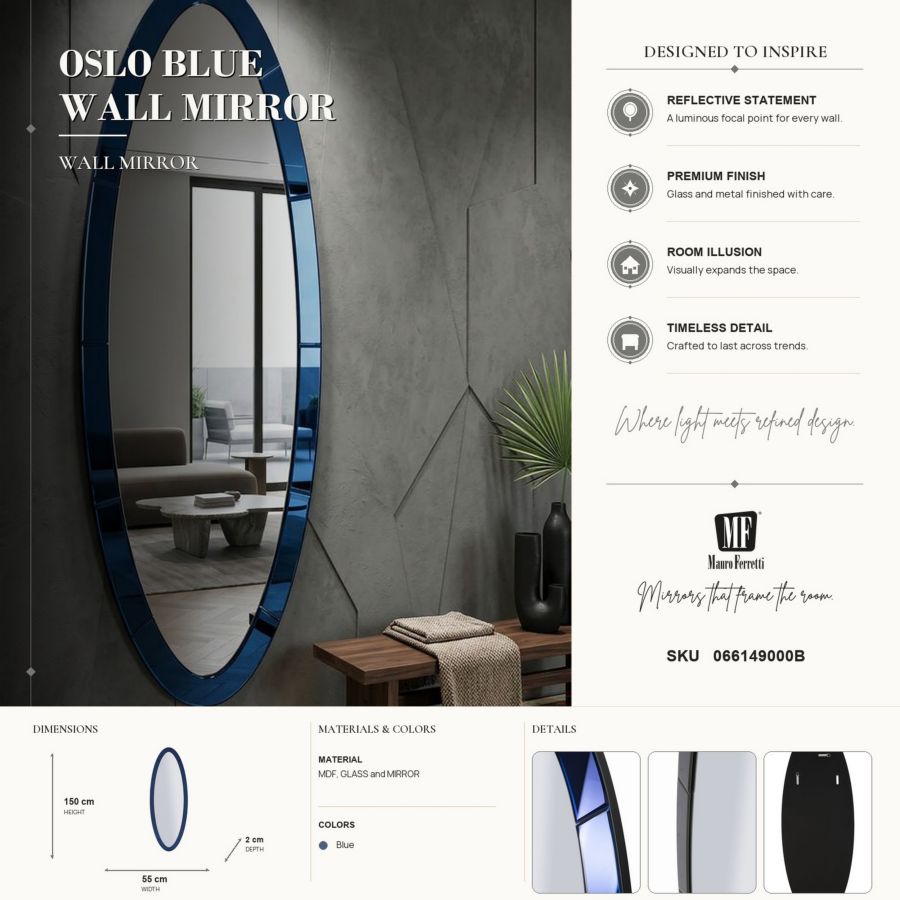 Specchio da muro amman blu cm 55x2x150 (misura specchio cm 42,5x137,5)