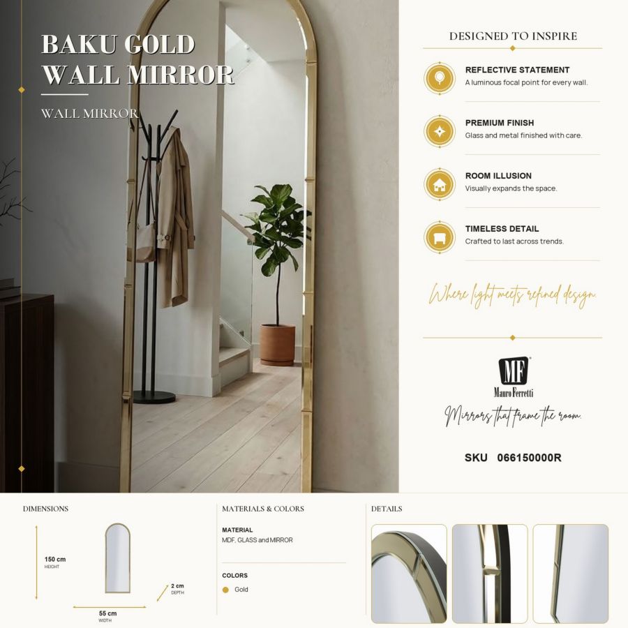 Specchio da muro baku oro cm 55x2x150 (misura specchio cm 49x144)