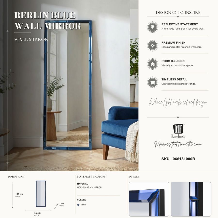 Specchio da muro riyad blu cm 55x2x150 (misura specchio cm 49x143,5)