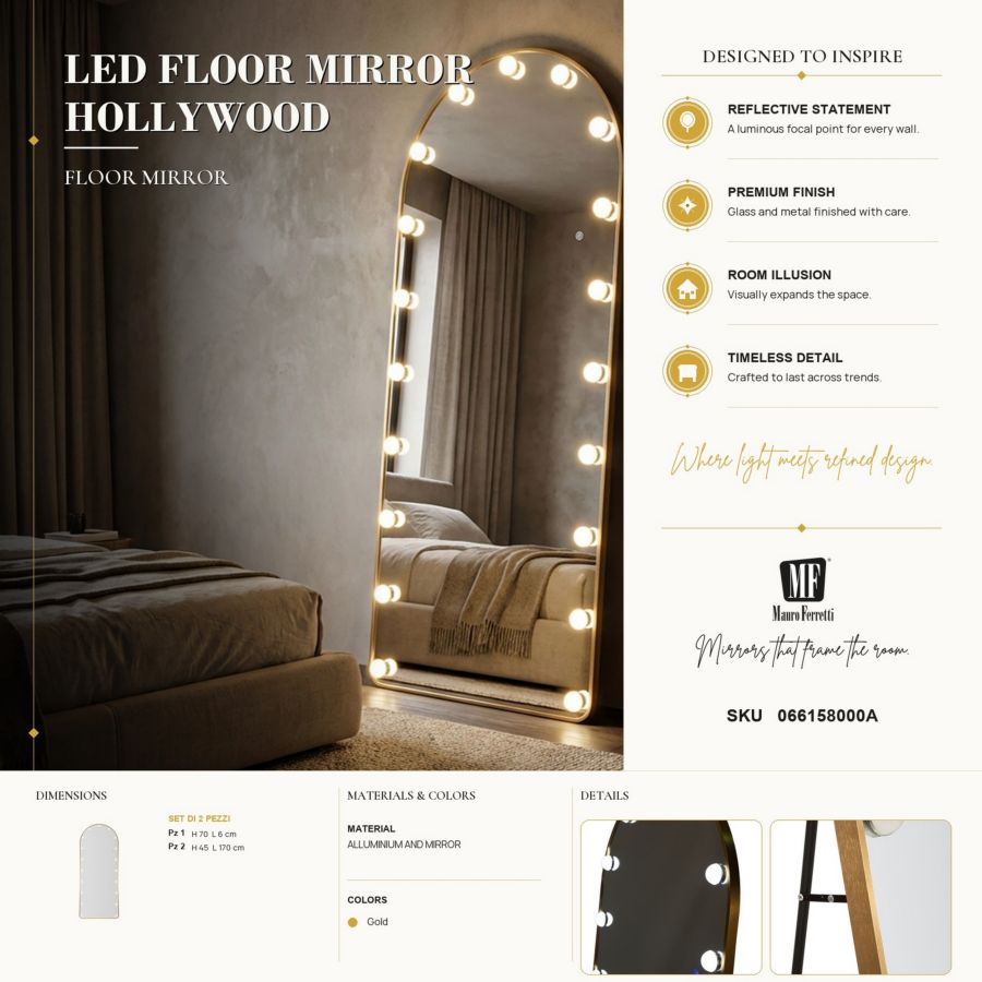 Specchio da terra LED hollywood arco cm 70x6-45x170 (3 tonalita' di luce)