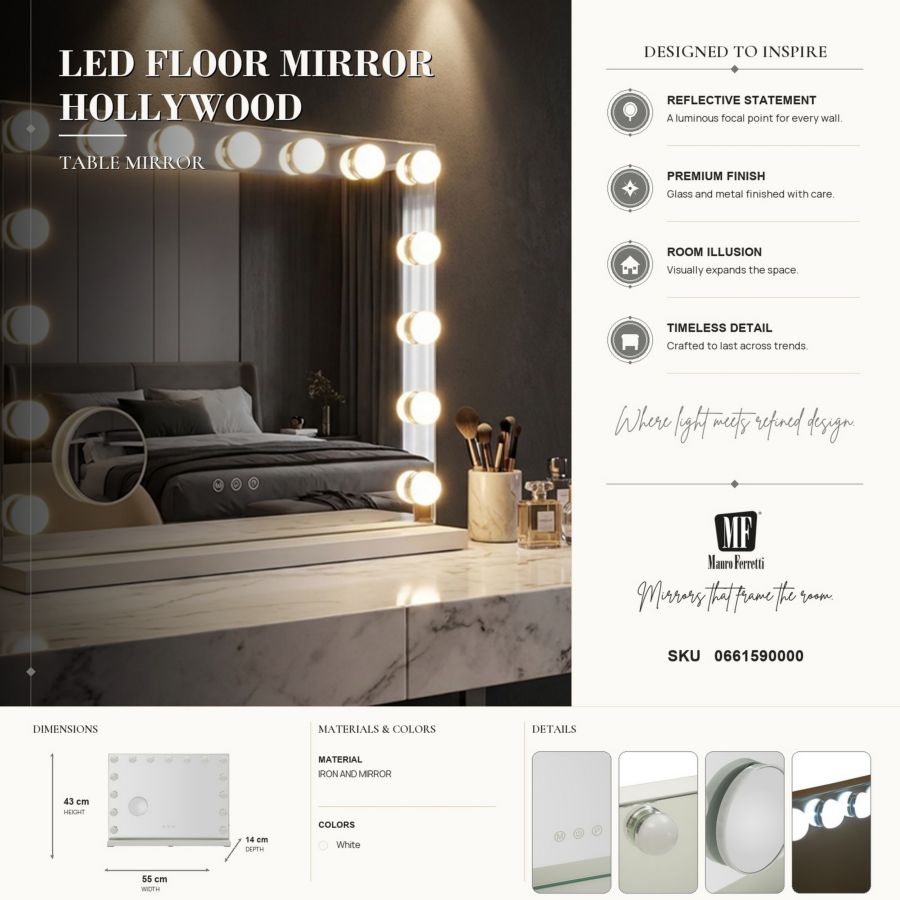 Specchio da tavolo hollywood cm 55x14x43 (spec.rot. cm ø 9) (3tonalita' di luce)