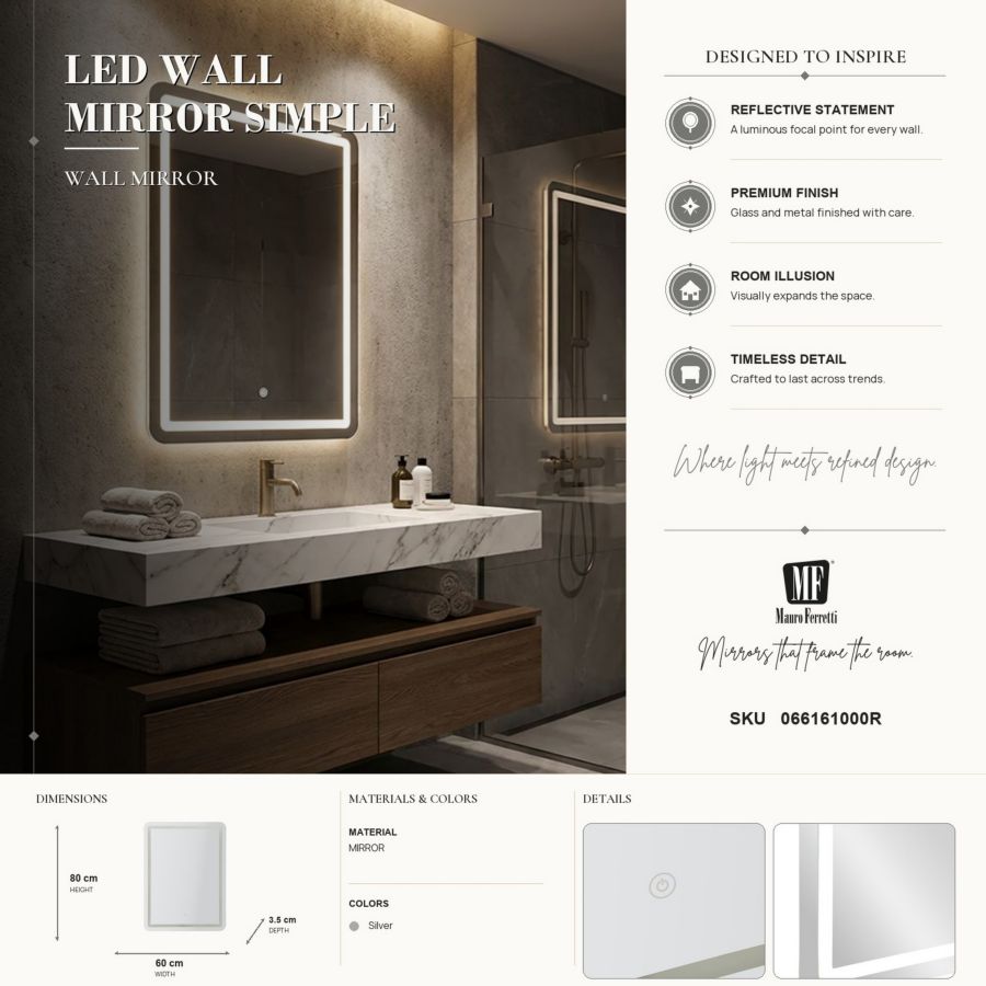 Specchio da muro LED simple rett. cm 60x3,5x80 (3 tonalita' di luce)