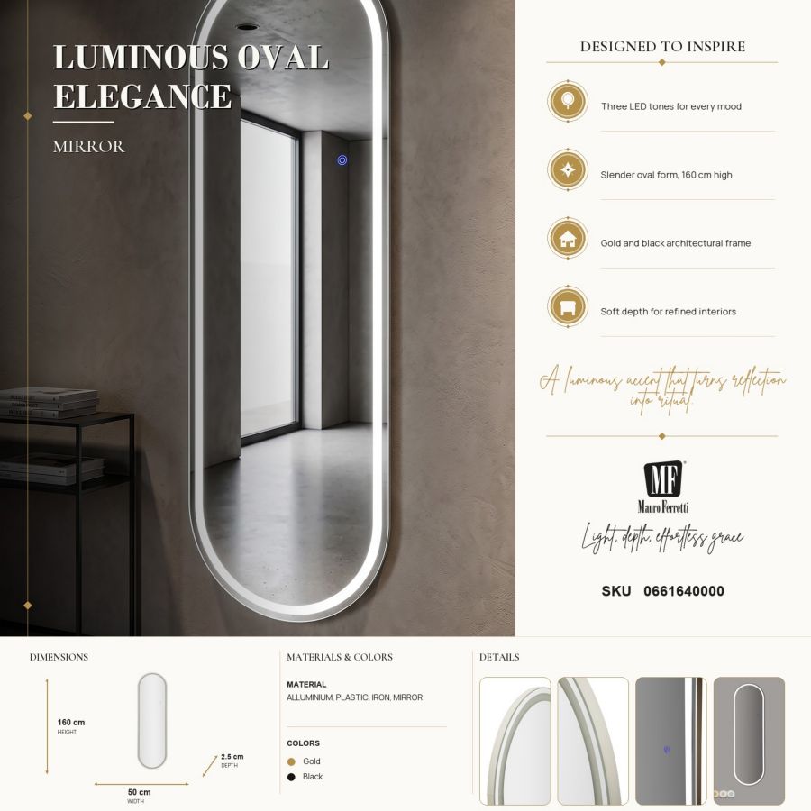 Specchio da muro LED oval cm 50x2,5x160 (3 tonalita' di luce)