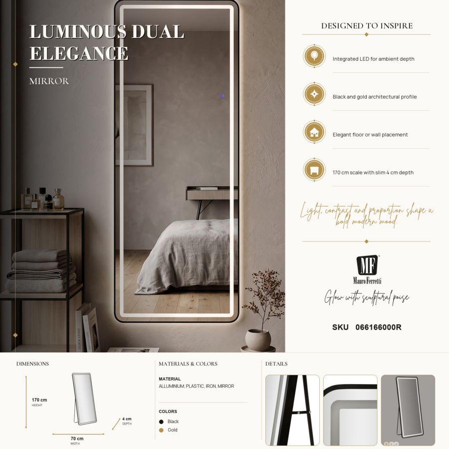 Specchio da terra/muro LED black frame rett. cm 70x4x170(3tonalita' di luce)