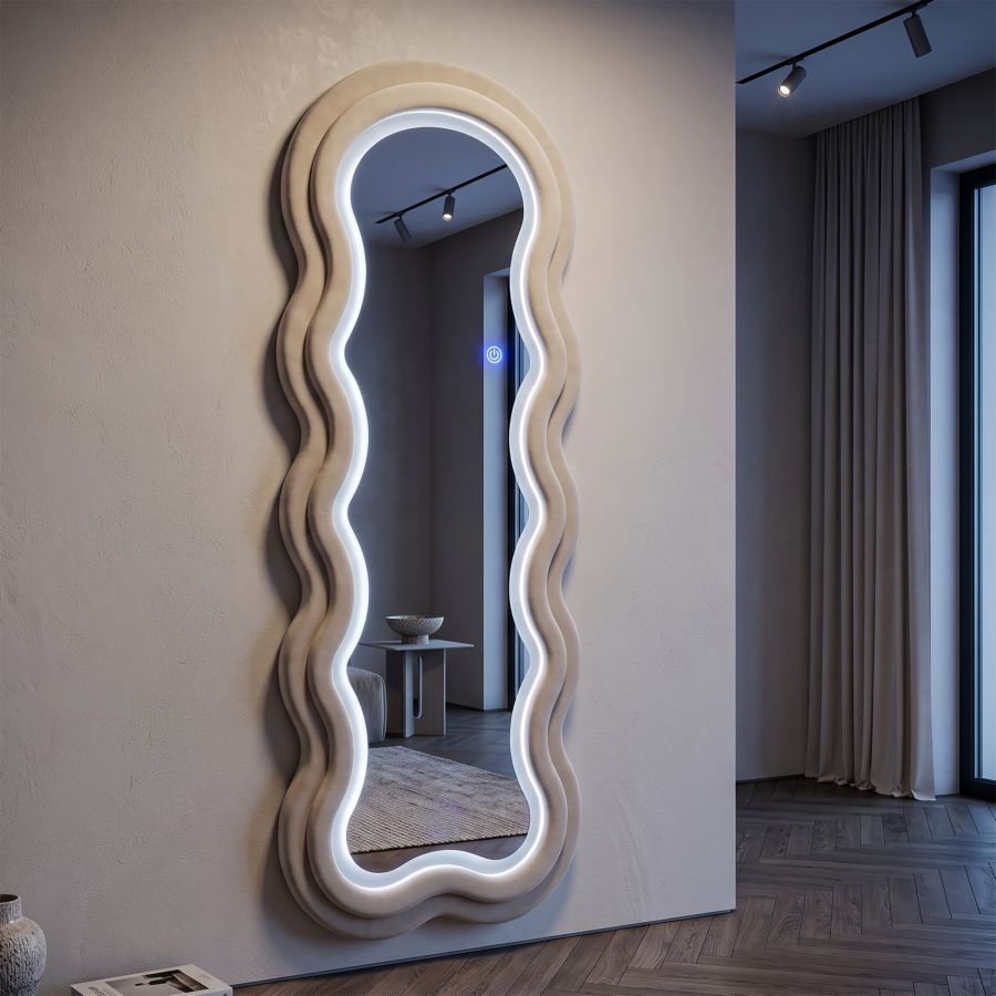 Specchio da muro LED miki velluto crema cm 60x4x160 (misura specchio cm 39x135)