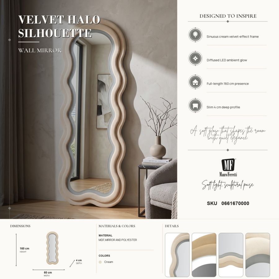 Specchio da muro LED miki velluto crema cm 60x4x160 (misura specchio cm 39x135)