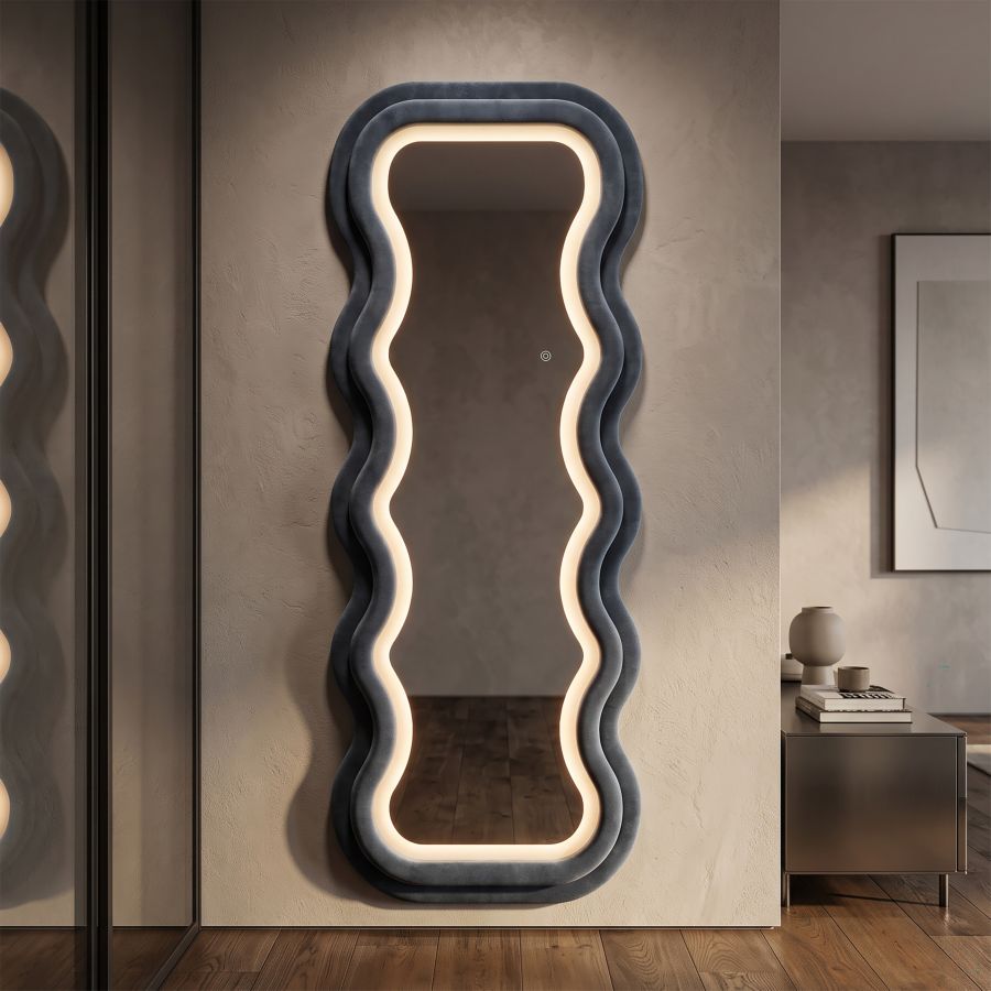 Specchio da muro LED emily velluto blu cm 60x4x160 (misura specchio cm 42x144)