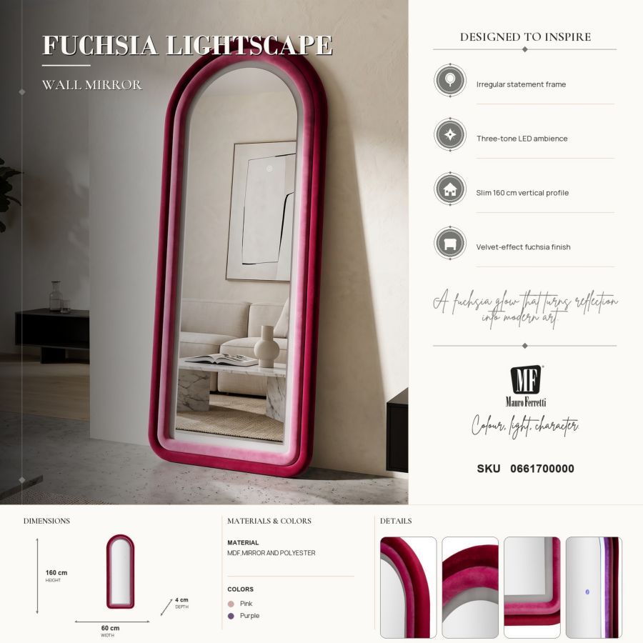 Specchio da muro LED cloe velluto fucsia cm 60x4x160 (misura specchio cm 45x145)