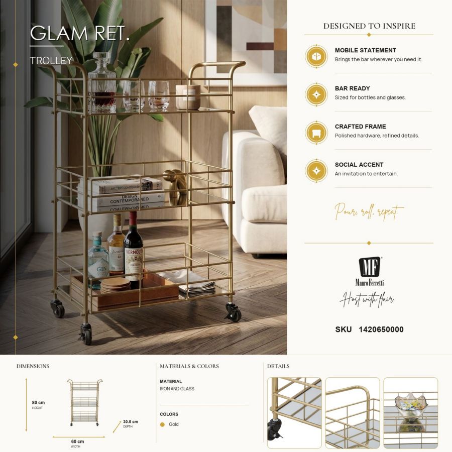 Mauro Ferretti Carrello Glam Ret. 60 x 30,5 x 80 cm