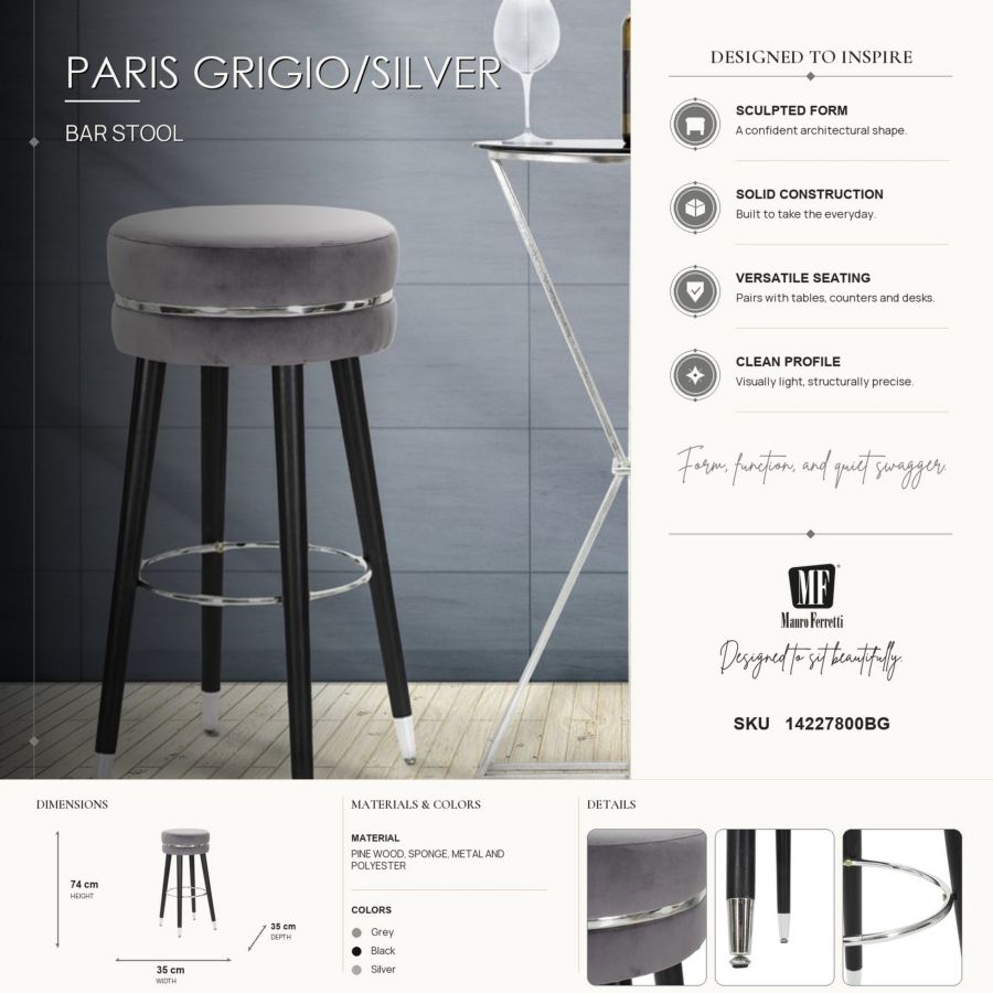 Mauro Ferretti Sgabello Bar Paris Grigio/silver Ø 35 x 74 cm