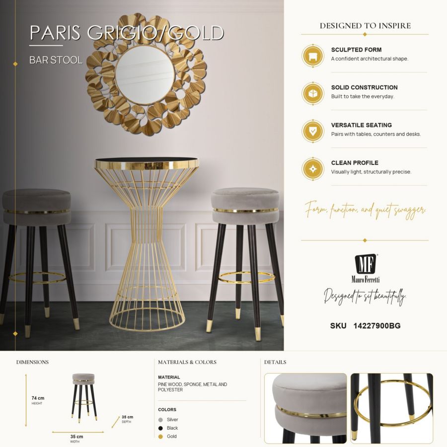 Mauro Ferretti Sgabello Bar Paris Grigio/gold Ø 35 x 74 cm