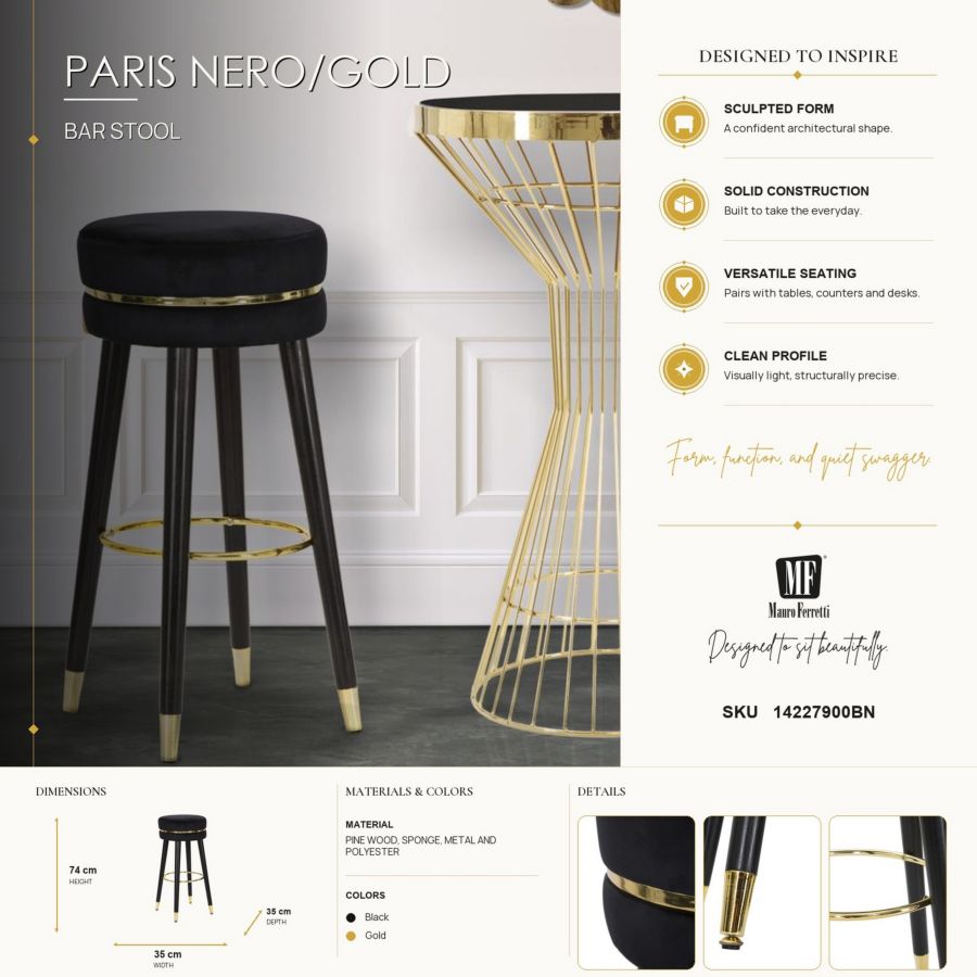 Mauro Ferretti Sgabello Bar Paris Nero/gold Ø 35 x 74 cm