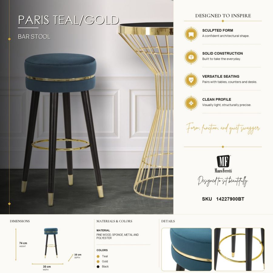 Mauro Ferretti Sgabello Bar Paris Ottanio/gold Ø 35 x 74 cm